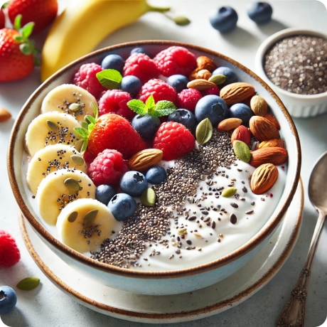 Bowl de yogur con frutas frescas y semillas, un desayuno saludable y energético.