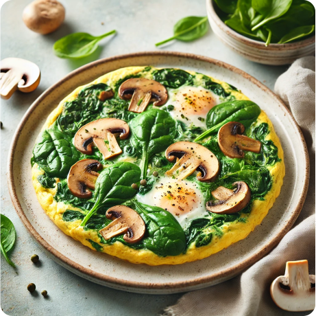 Tortilla de espinacas y champiñones, receta fácil y saludable para el desayuno o la cena.